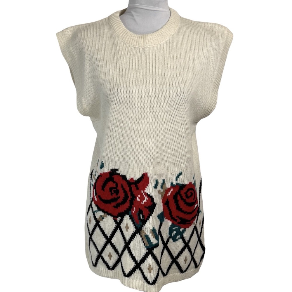 Vintage 90s Long Floral Sweater Vest Tunic Small Chunky Knit Cottagecore Grandma